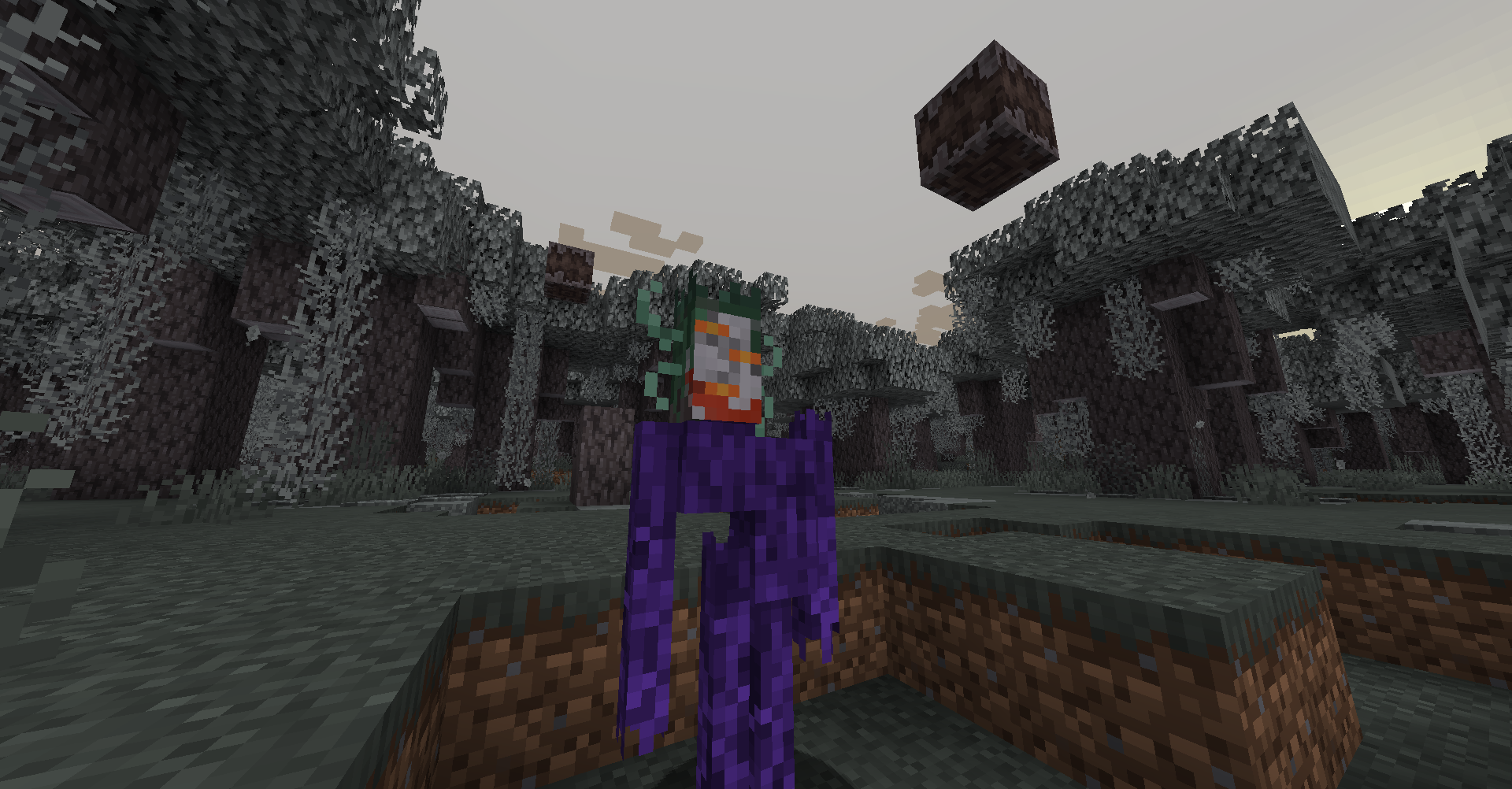 Screenshot of the creaking in MineCraft. Its body is purple and is wearing joker make up on its face.